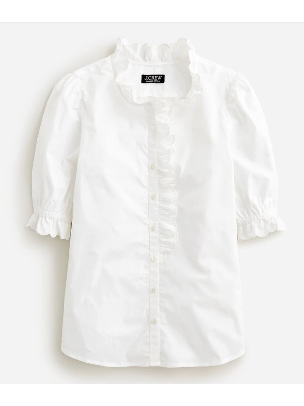 J.Crew White Organic Cotton Ruffle Trim Blouse Short Puff Sleeves Button Front S